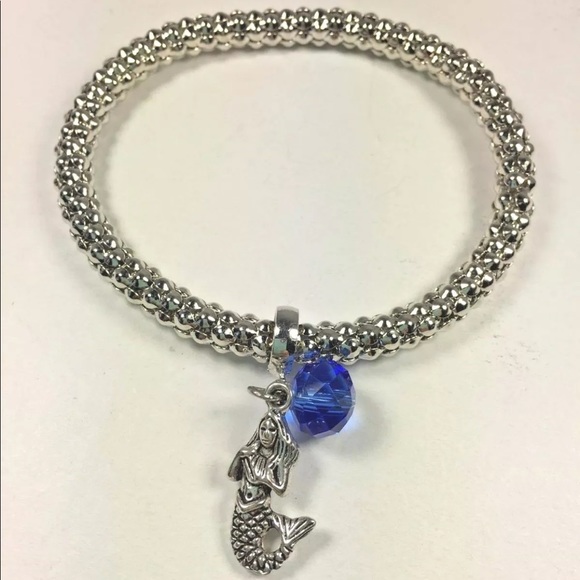 Silver Mermaid Blue Ball Stretch Charm Bracelet - Picture 2 of 2